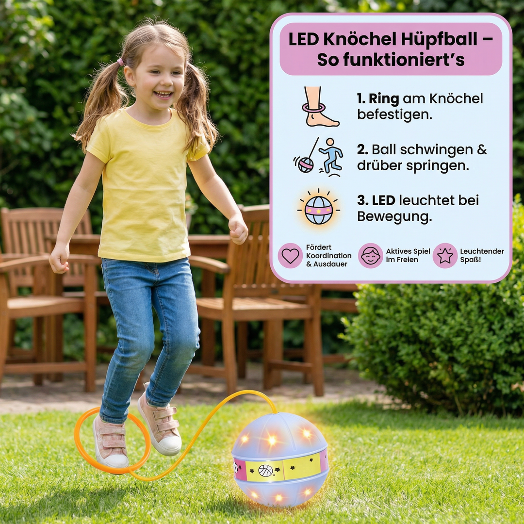 Tolles Geschenk für Kinder: LED Knöchel Hüpfball. Leuchtendes Springspielzeug für aktive Bewegung & viel Freude.