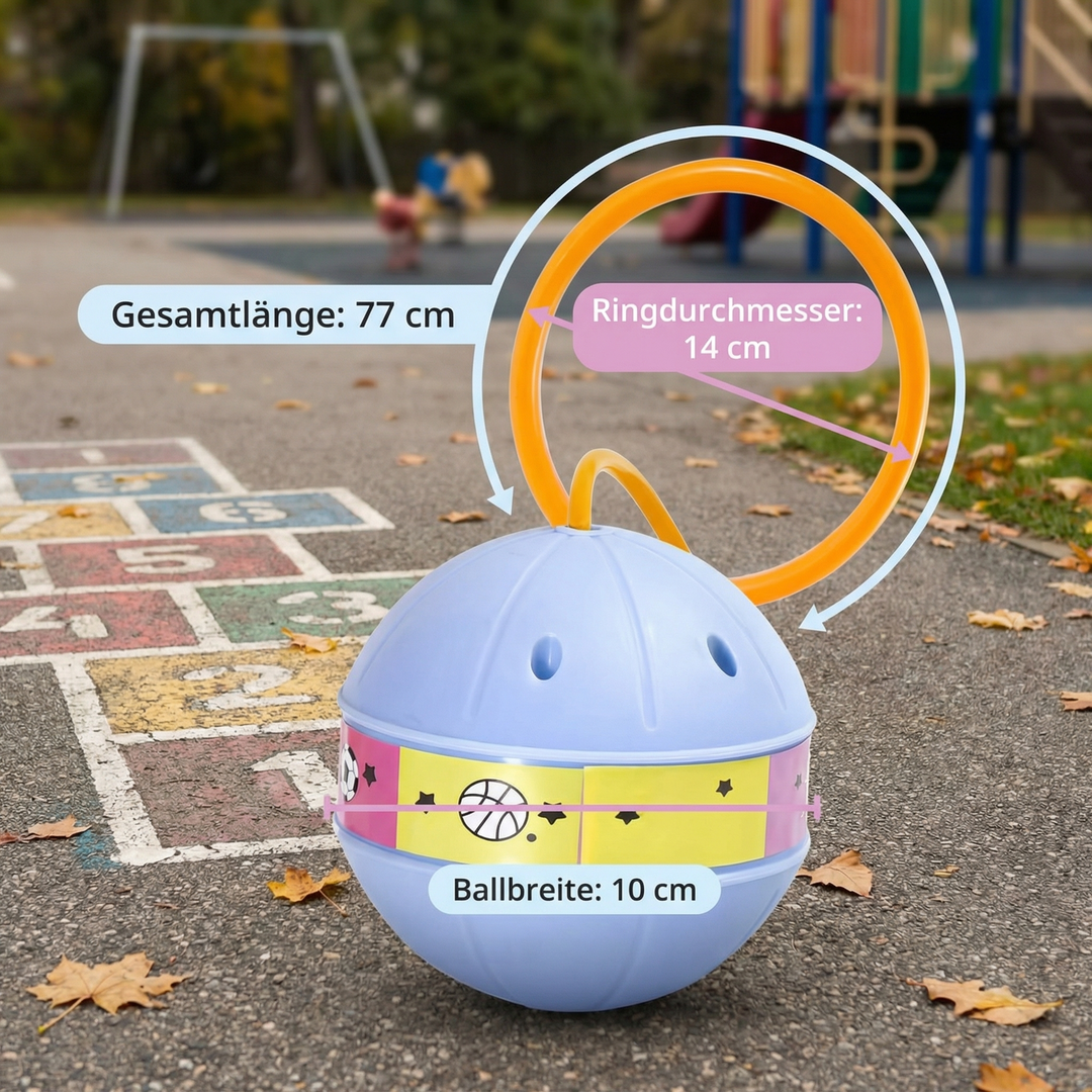 Kind spielt mit leuchtendem LED Knöchel Hüpfball. Aktives Springspielzeug fördert Bewegung, Koordination & Motorik.