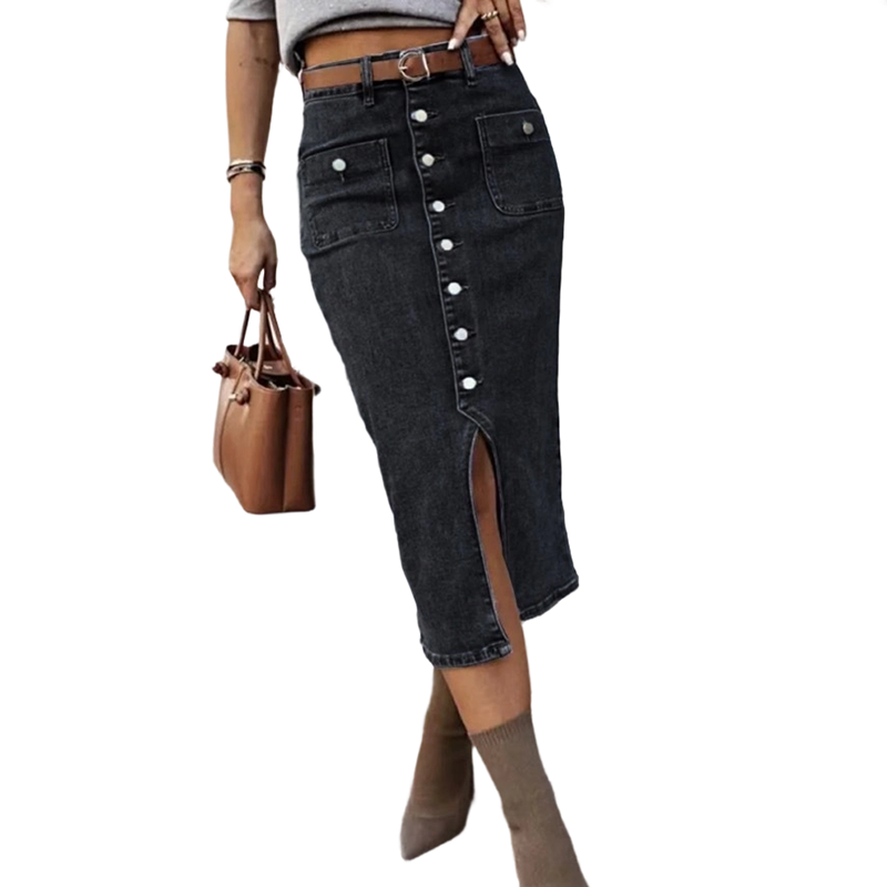 Eleganter figurbetonter Jeansrock in Hellblau, High-Waist Bleistift-Stil, ideal für Sommer und Alltag.
