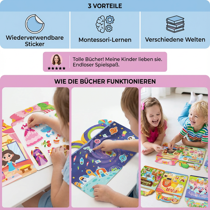 Montessori Stickerbuch mit bunten Themenwelten, ideal als Reisespielzeug für Kinder & Vorschulkinder.