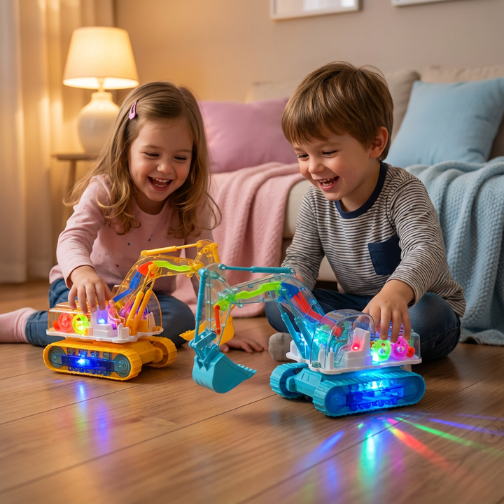 Tanzender Musik Bagger für Kinder: gelber Bagger, der Musik spielt und leuchtet. Elektronisches Rhythmus Spielzeug.