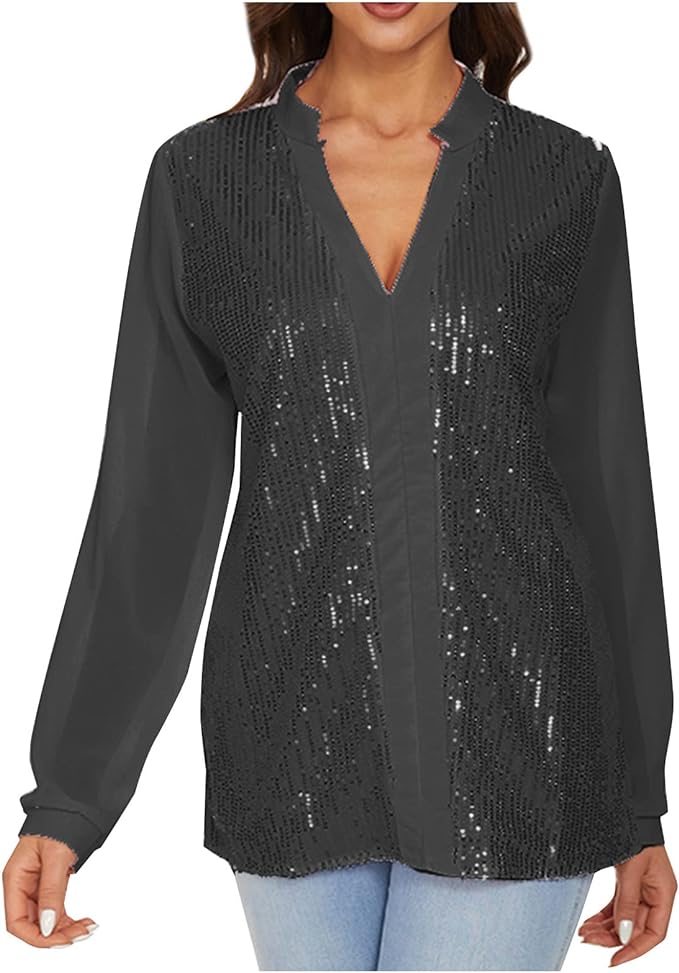 Glamouröse Damen Paillettenbluse in Übergröße, V-Ausschnitt, funkelnd für besondere Anlässe.