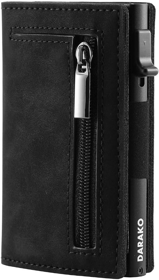 Offene Slim Wallet Geldbörse mit RFID-Schutz, zeigt mehrere Kartenfächer und minimalistisches Design.