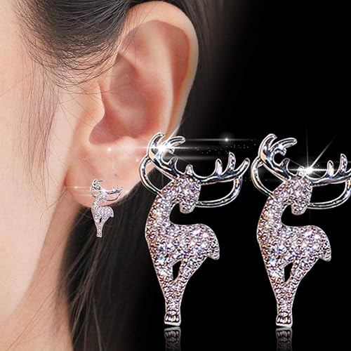 Elegante silberfarbene Damen Rentier Ohrringe mit Glitzer Strass. Perfekter festlicher Weihnachtsschmuck für Frauen.