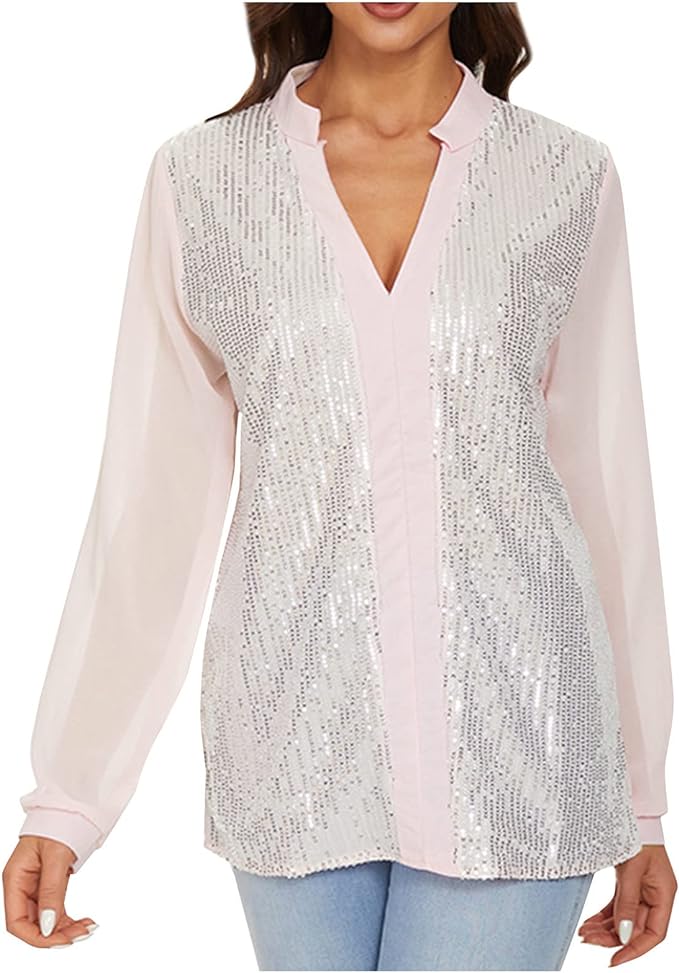 Elegante Übergrößen Paillettenbluse V-Ausschnitt für Damen, glamouröser Look für Partys.