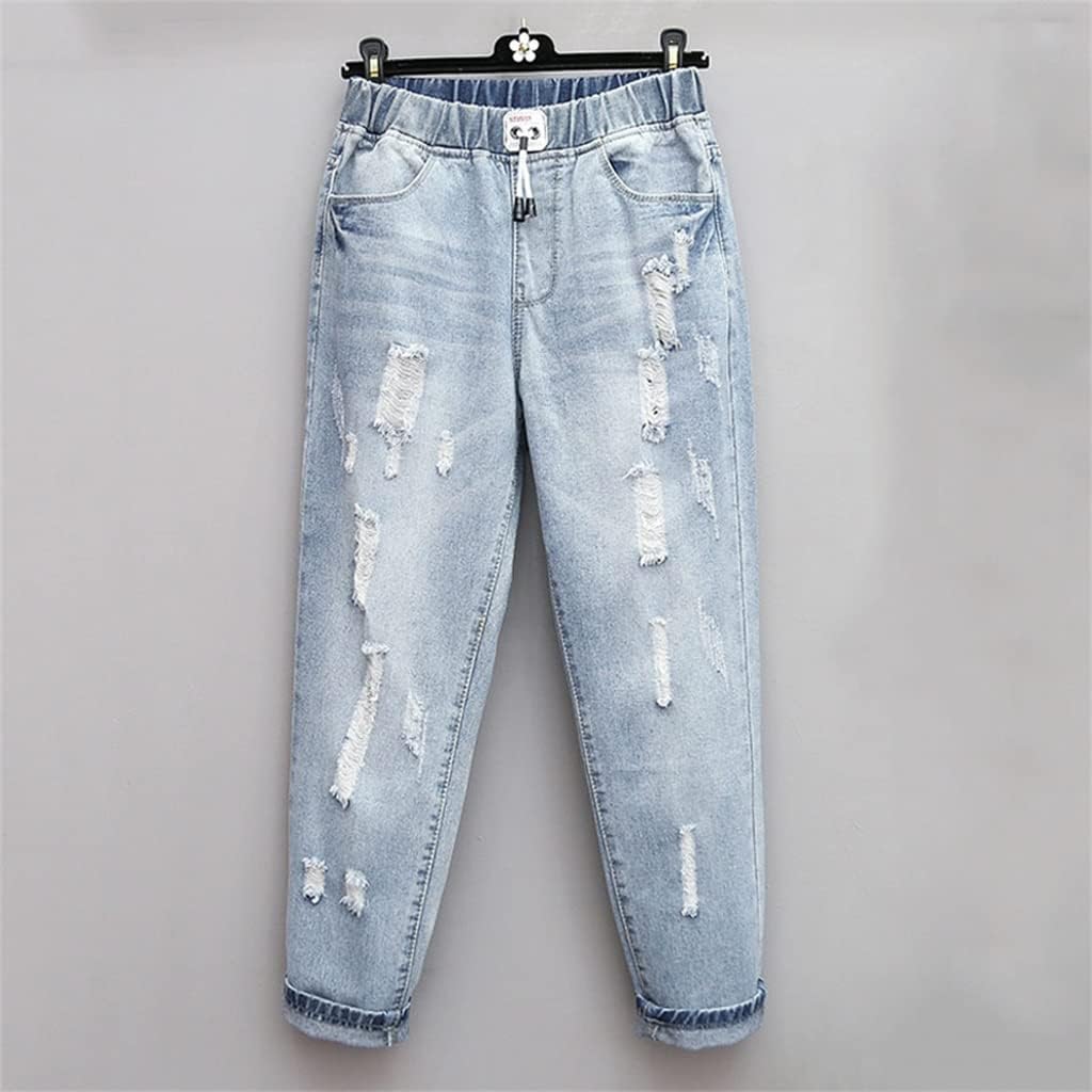 Damen High-Waist Jeans Übergröße, zerrissen, ideal für Herbst-Streetwear. Komfortable Plus-Size Curvy Mode.