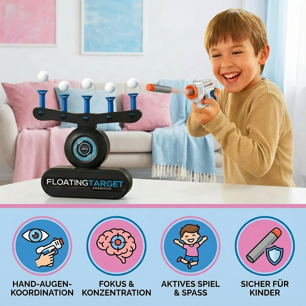 Familie spielt interaktives Schwebende Bälle Zielschuss Spiel. Tolles Familienspiel, ideal als Geburtstagsgeschenk.
