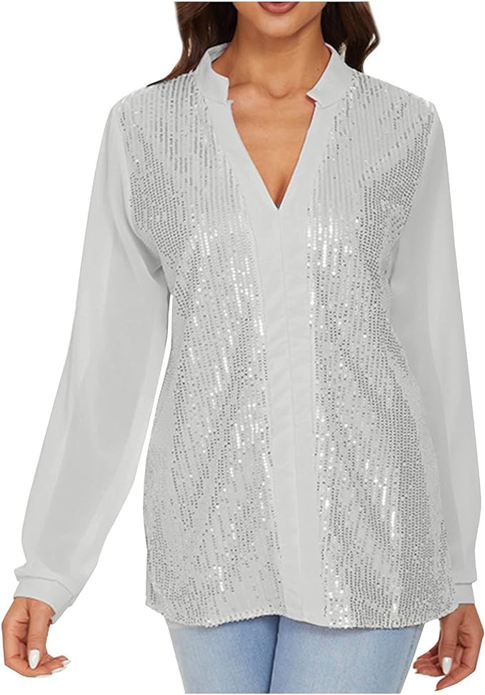 Zeitlose Damenbluse mit Pailletten, V-Ausschnitt, Übergröße, festlicher Look, ganzjährig.