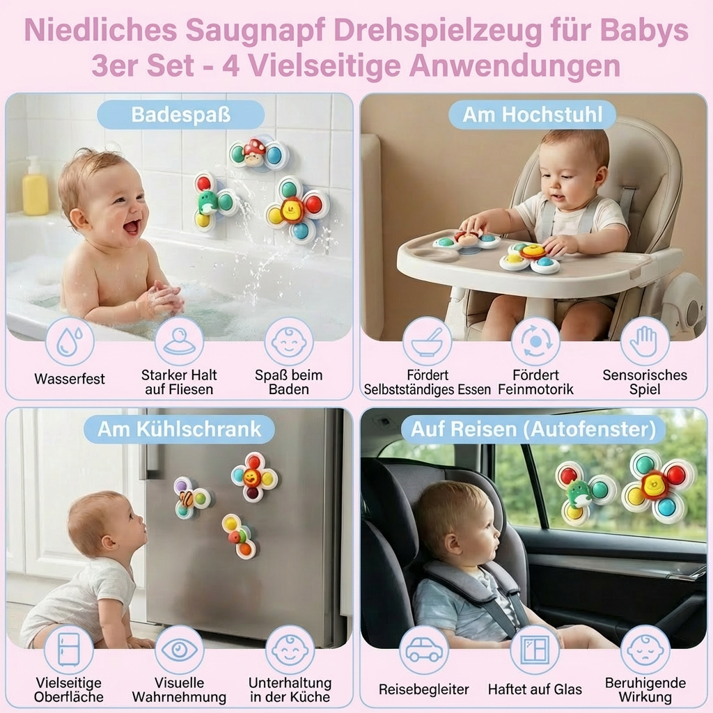 Saugnapf Drehspielzeug Set (3 Stück) für Babys & Kleinkinder, fördert Motorik und visuelle Wahrnehmung.