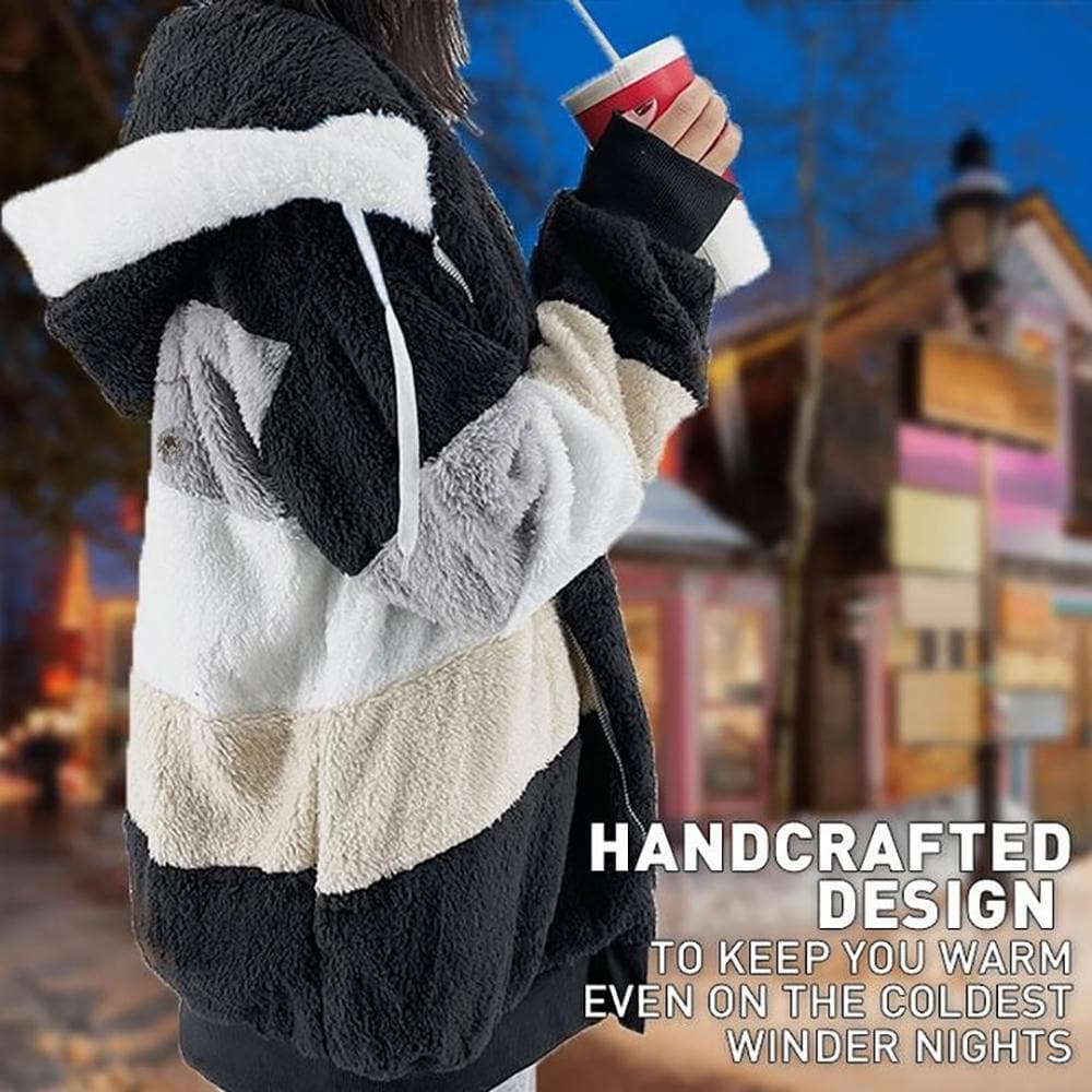 Rückansicht der warmen Damen Kapuzenjacke mit Kontrastdesign für stylische Wintermode.