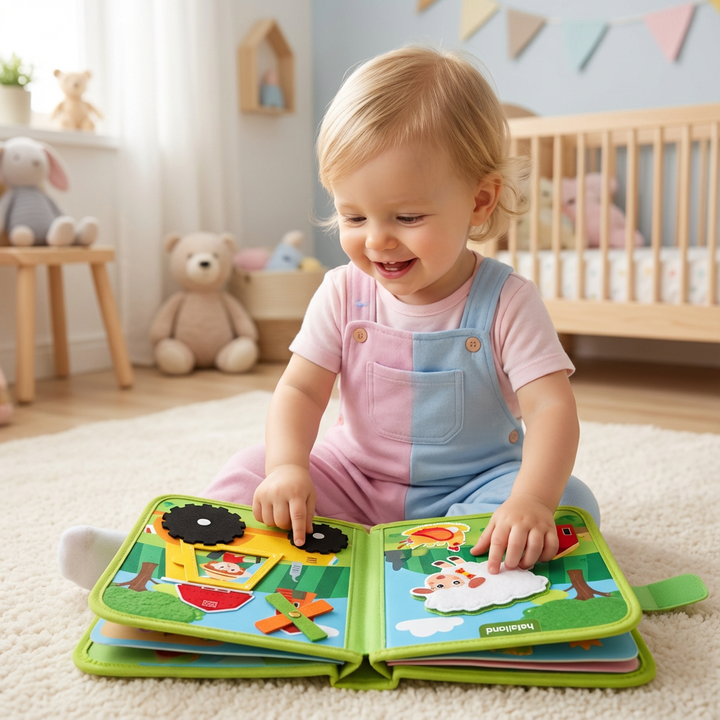 Interaktives Montessori Kinderbuch mit Bauernhoftieren; fördert spielerisches Lernen und Feinmotorik.