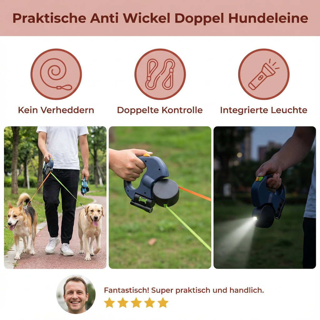 Robuste Anti-Verhedder Doppel-Hundeleine, verhindert Leinenchaos beim Spaziergang mit 2 Hunden.