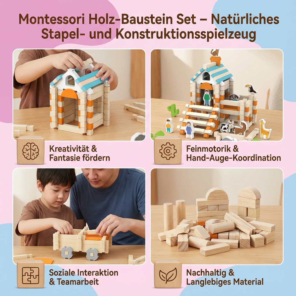 Hochwertiges Holzspielzeug: Buntes Stapelspiel aus Montessori Bausteinen. Fördert Motorik & Kreativität bei Kindern.