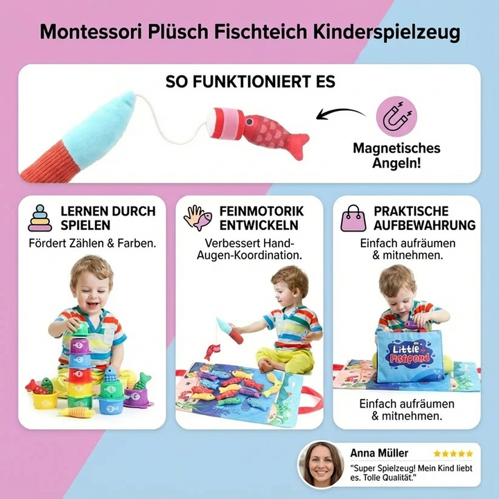 Komplettes Montessori Plüsch Fischteich Set: Lernspielzeug für Kinder, entwickelt Feinmotorik, Farben- & Zahlenkenntnisse.