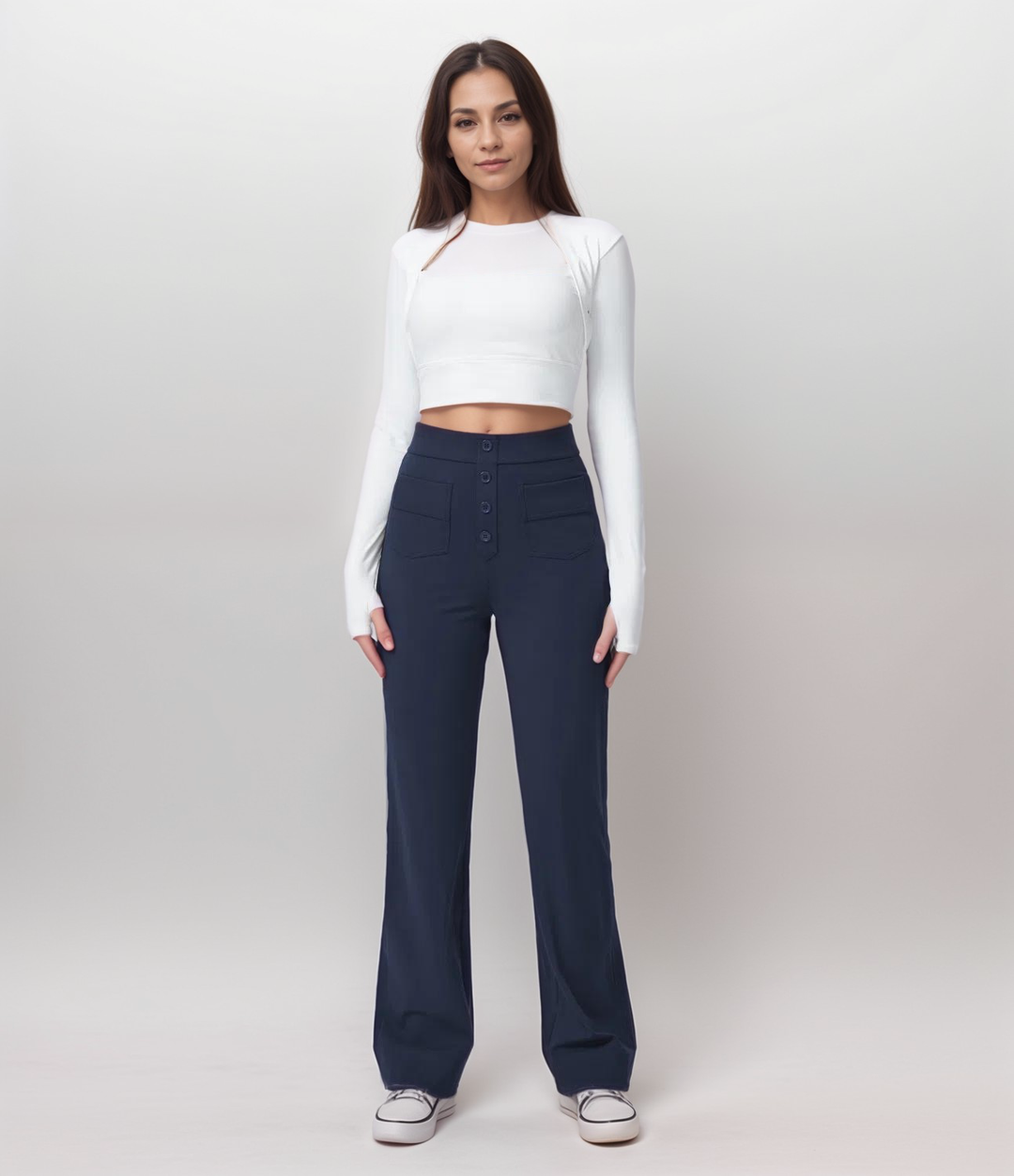 Damenmode: Elastische High Waist Hose, weites Bein, formt & schmeichelt. Perfekt für alle Figuren.