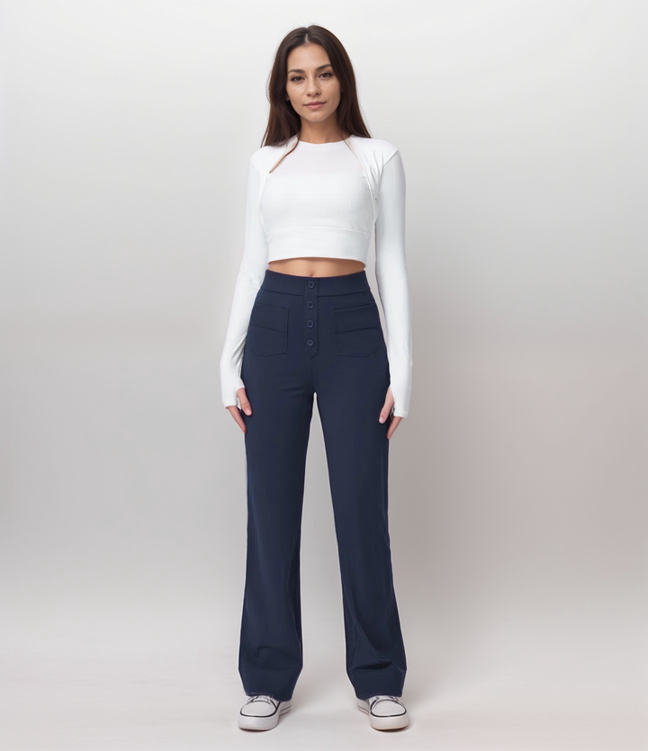 Damenmode: Elastische High Waist Hose, weites Bein, formt & schmeichelt. Perfekt für alle Figuren.