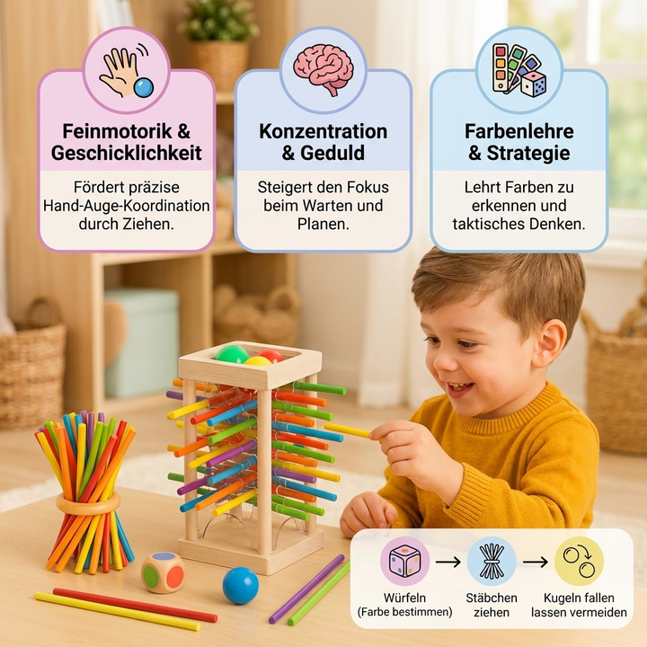 Farbenfrohes Holz Geschicklichkeitsspiel für Kinder mit Details zum Greifen & Stapeln, nachhaltig und langlebig.