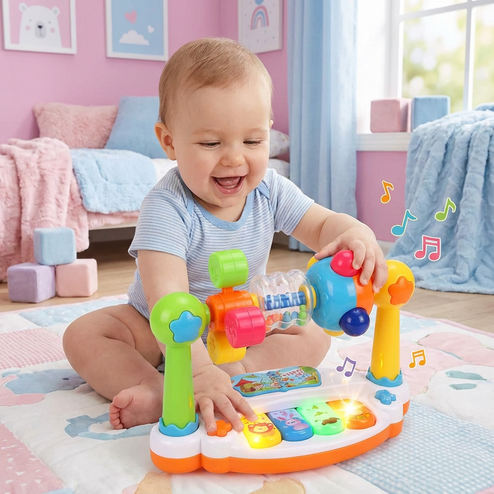 Buntes 5-in-1 Lernspielzeug für Babys & Kleinkinder; musikalisches Motorikspielzeug zur Förderung sensorischer Entwicklung.