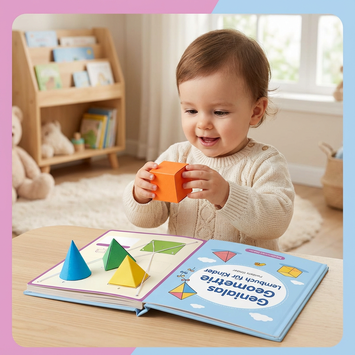 Geometrie-Lernbuch für Kinder: Buntes Cover zeigt spielerisch Formen und Mathe-Aufgaben. Ideal für die Grundschule.