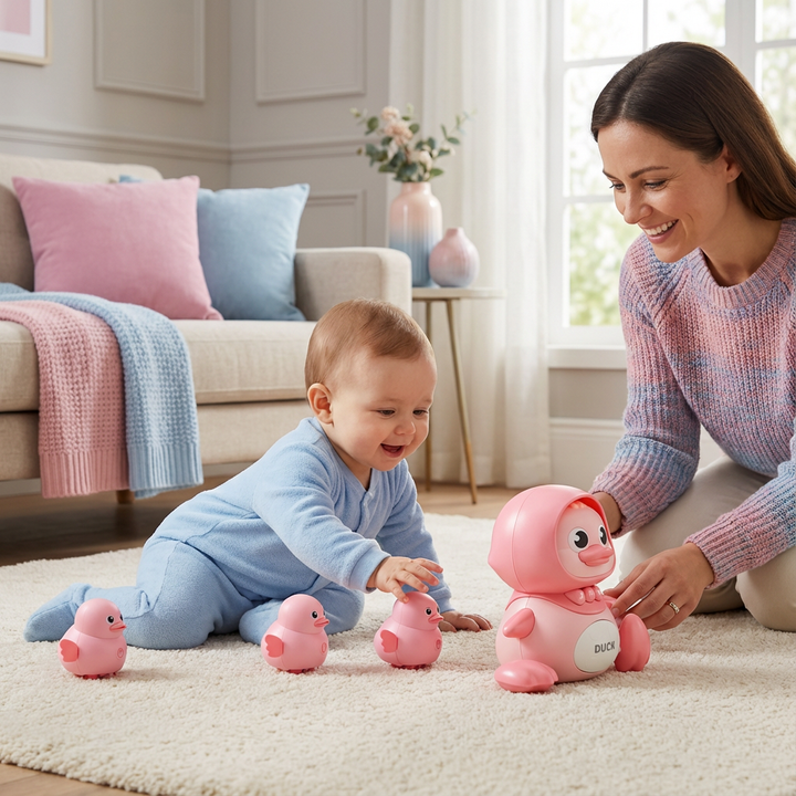 Elektrisches Entenspielzeug mit Musik, Lichtern & watschelnden Bewegungen; fördert Motorik bei Babys.