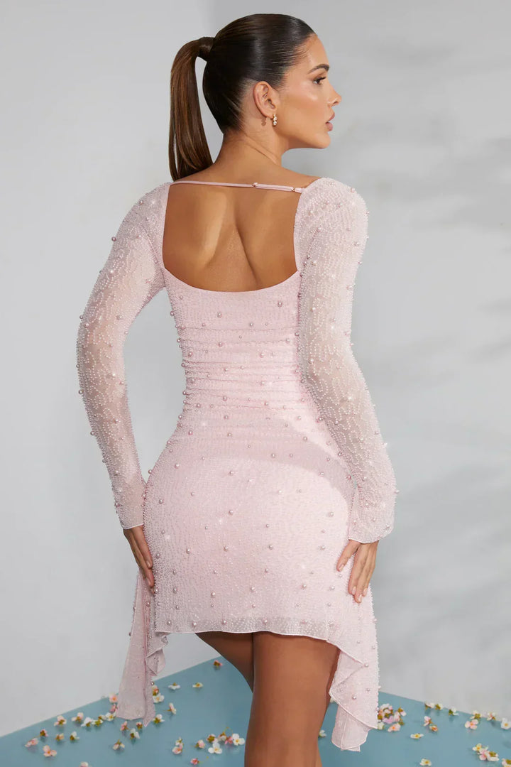Rosa Damen Langarm-Minikleid, Kragenkleid, perfekt für einen stilvollen Auftritt.