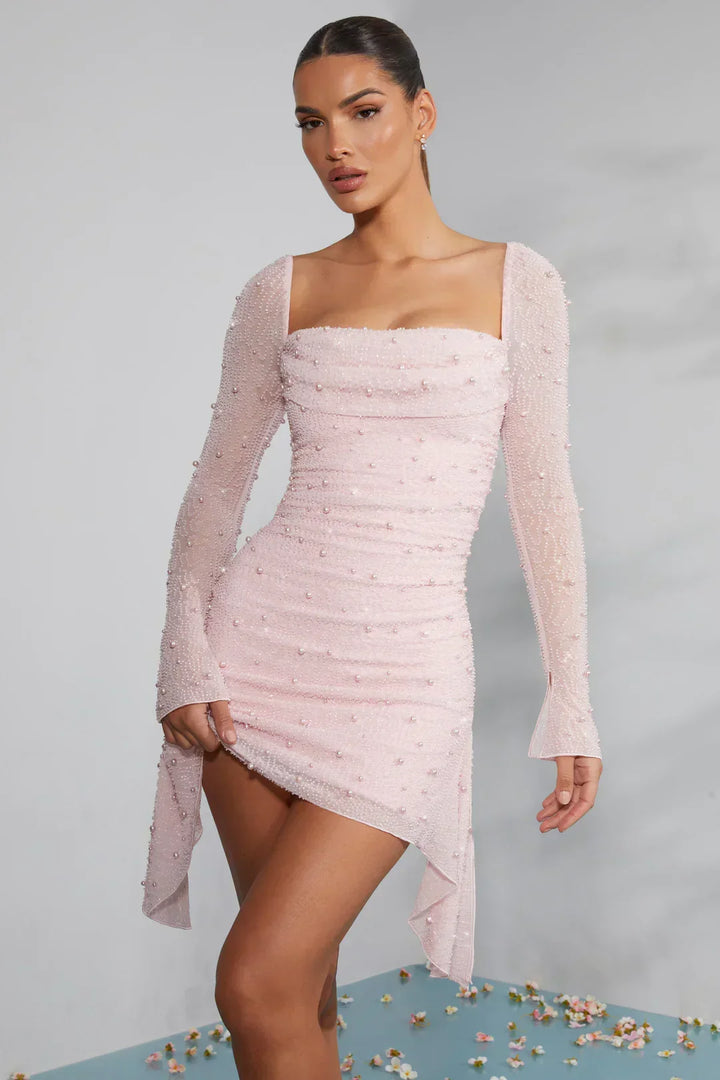 Rosa Damen Minikleid, stilvoller Kragen & lange Ärmel, ideal für Herbst & Winter.