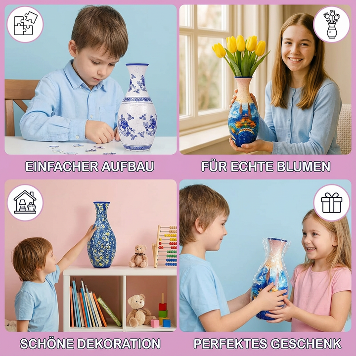 Komplettes 3D Puzzle Bastelset für eine stilvolle Blumenvase. Ein kreatives DIY-Projekt zur Heimdekoration für Puzzle-Fans.