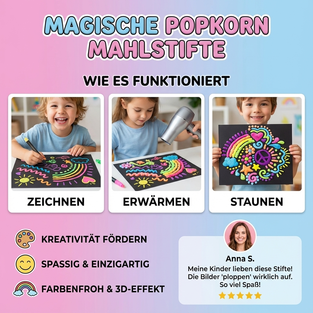 Kreative Popcorn Malstifte für 3D-Kunst & Bastelprojekte; pädagogisches Spielzeug für Kinder zum Malen & Zeichnen.