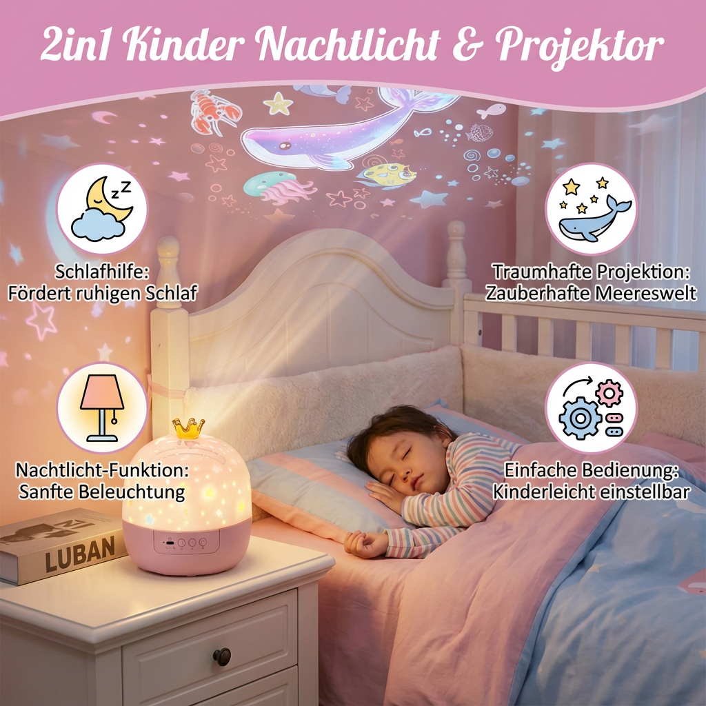 Beruhigendes Kinder Nachtlicht & Projektor mit wechselnden Sternen- & Unterwasserwelten für sanfte Nächte.