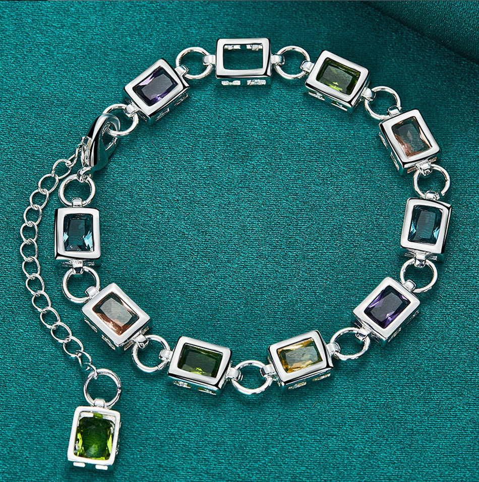 Funkelndes Zirkon-Silberarmband, rechteckige Edelstein-Glieder, unisex Design, für Eleganz.