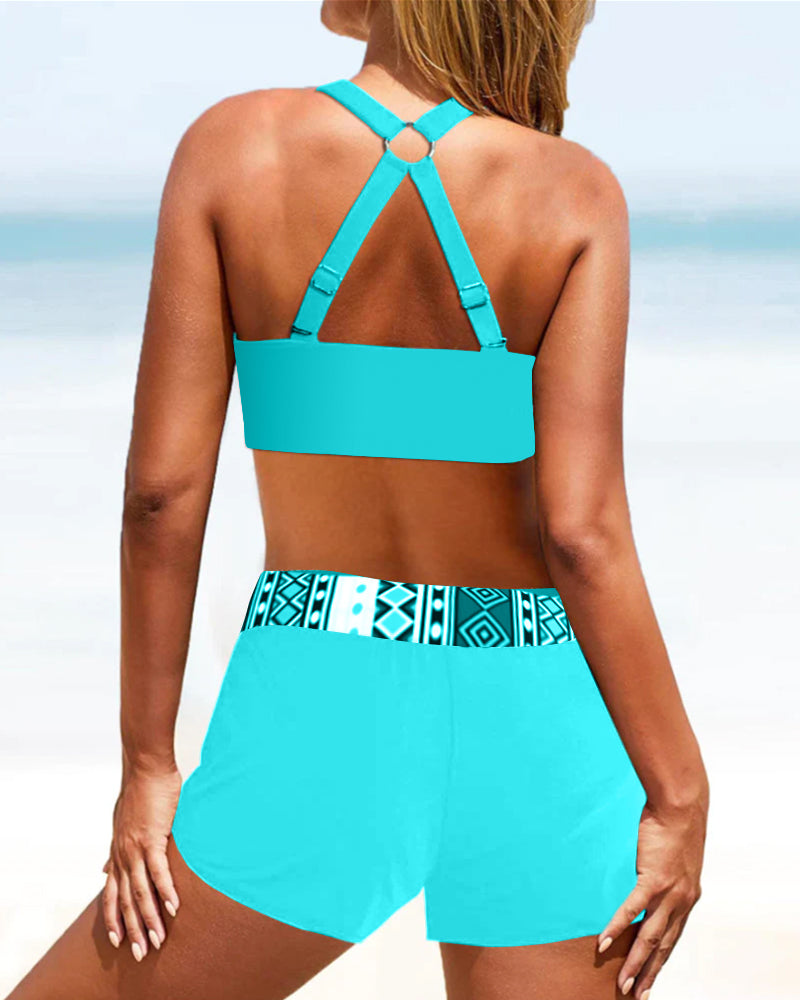 Trendiger Damen High-Waist Bikini mit geometrischem Muster. Komfortabler & stilvoller Zweiteiler für jede Sommeraktivität.
