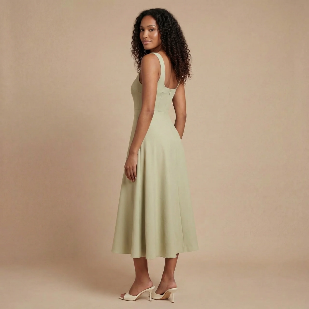 Grünes ärmelloses Damen Midikleid mit Karree-Ausschnitt. Elegantes festliches Cocktailkleid für besondere Anlässe.