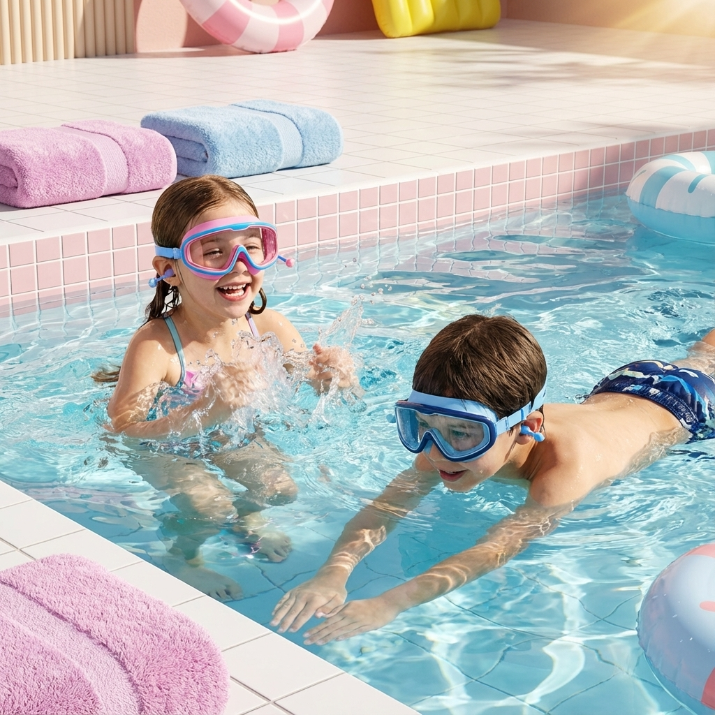 Bunte Kinder Schwimmbrille mit Anti-Beschlag für klare Sicht und Spaß im Pool oder Meer.