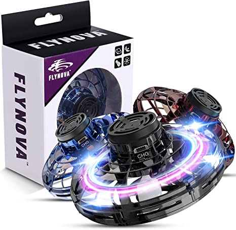 Nahaufnahme des leuchtenden, schwebenden UFO Spielballs; Details des Infrarot-Sensors und robusten Designs.