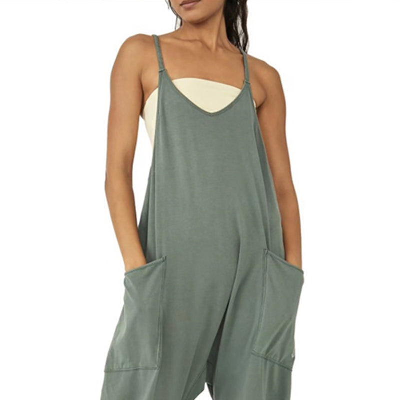 Ein-Teiler Damen Jumpsuit für den Sommer, V-Ausschnitt, locker, mit Taschen für Freizeit-Look.