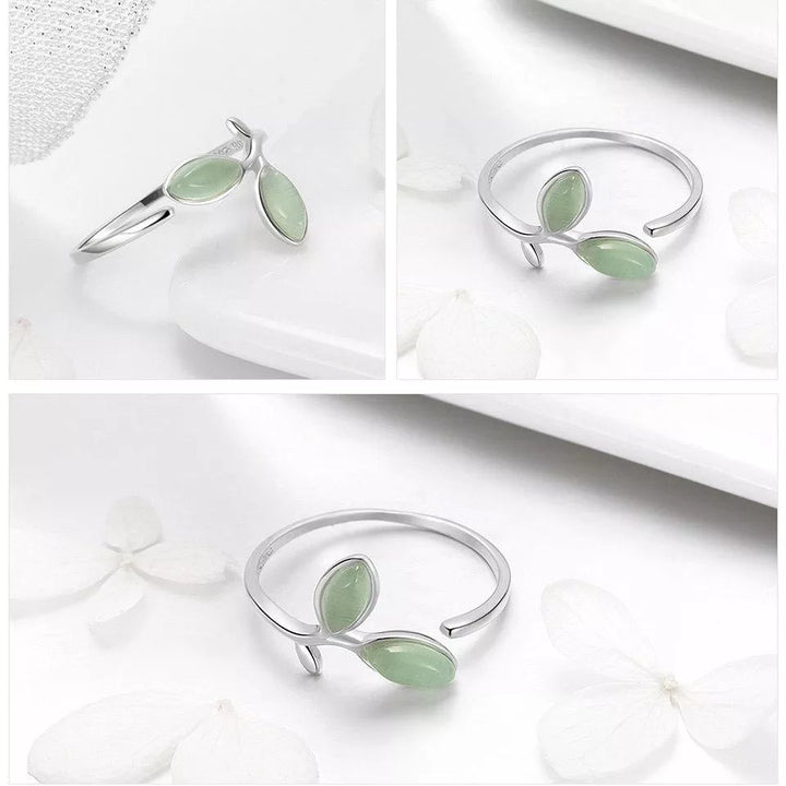 Esoterischer Damen Grüner Opal Blattring aus 925er Silber. Glücksbringer & verstellbarer Edelsteinschmuck.