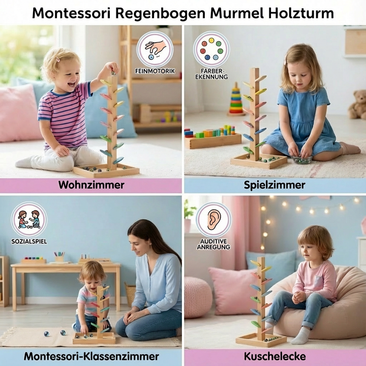 Farbiges Montessori Holzspielzeug: Regenbogen Murmel Turm als ideales Geschenk für Babys & Kleinkinder.