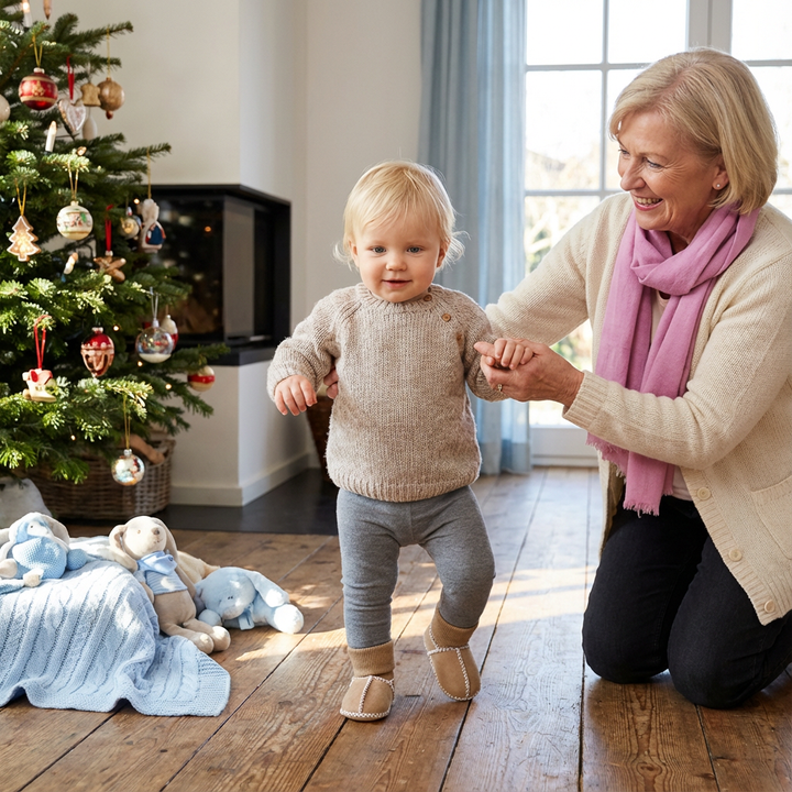 Kuschelig warme Baby Winter Krabbelschuhe in Wildleder Optik, mit extra Grip für sicheres Erkunden.