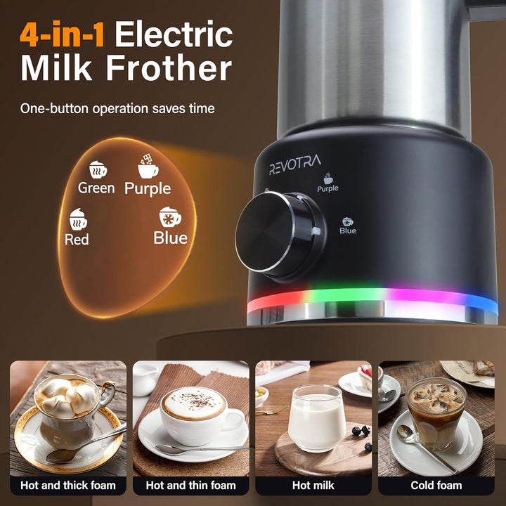 Vielseitiger 4-in-1 elektrischer Milchaufschäumer aus Edelstahl. Macht warmen/kalten Milchschaum für Kaffee.