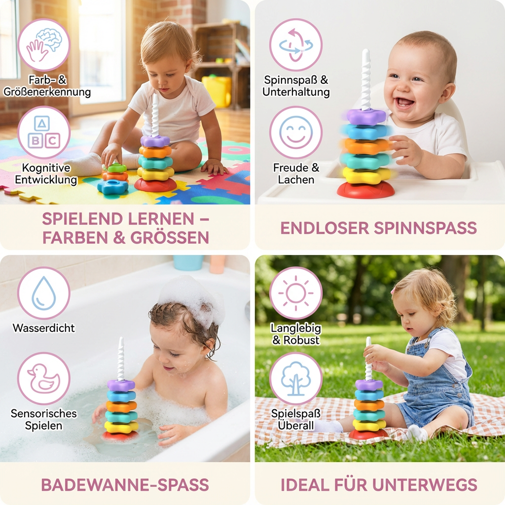 Optimales Babygeschenk: Regenbogen Farbturm als Dreh- und Lernspielzeug für Kleinkinder, fördert spielerisch die Entwicklung.