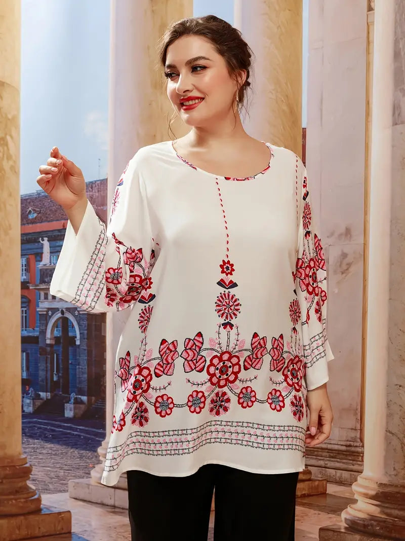 Locker geschnittene Damen Tunika in Übergröße für Herbstmode, bequem & stilvoll, mit floralem Print.