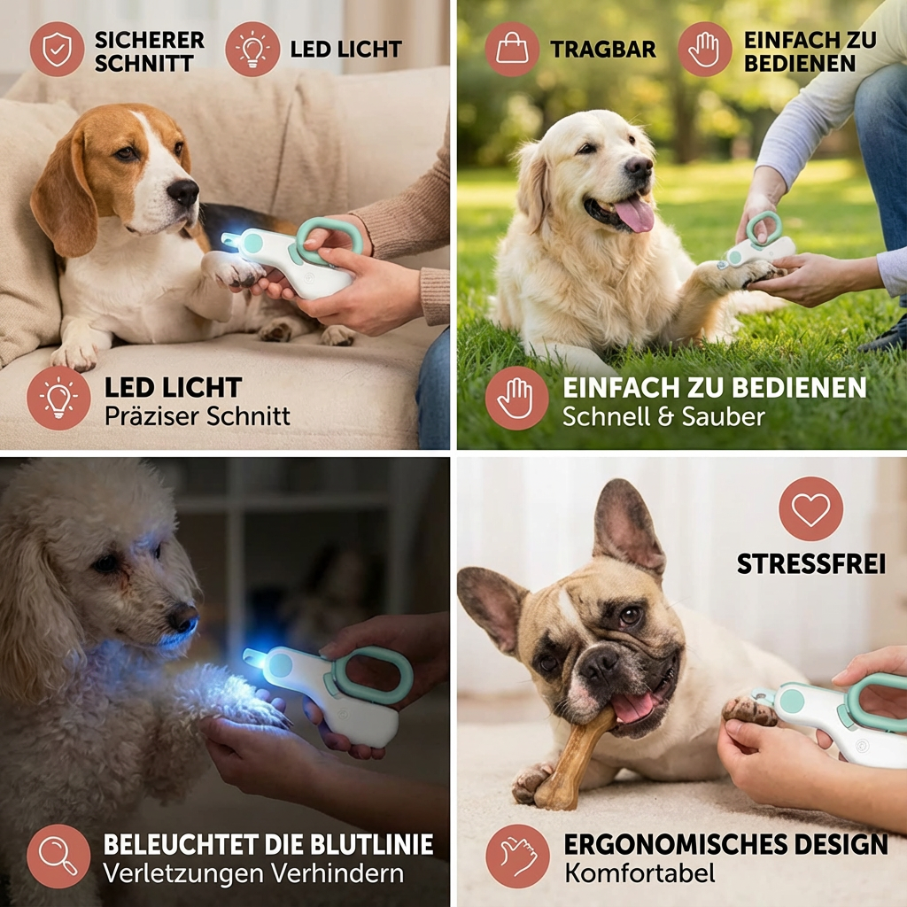 Sicherer Haustier-Nagelzwicker mit LED-Beleuchtung für stressfreie Krallenpflege, ideal für empfindliche Pfoten.