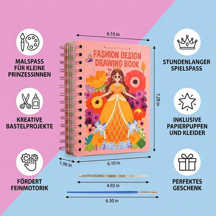 Kreatives Prinzessinnen Mal- & Bastelbuch für stundenlangen Modespaß. Ideal zur Förderung von Fantasie & Feinmotorik.