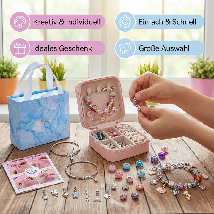 Buntes Kinder Bastelset mit vielen Perlen, Fäden & Zubehör für individuellen Schmuck.