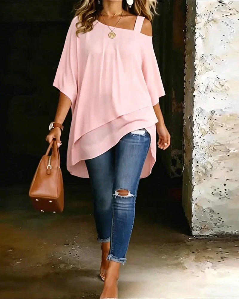 Bequeme Damen Tunika asymmetrisch, Cold Shoulder. Vielseitige Bluse für lässige Sommer-Looks.