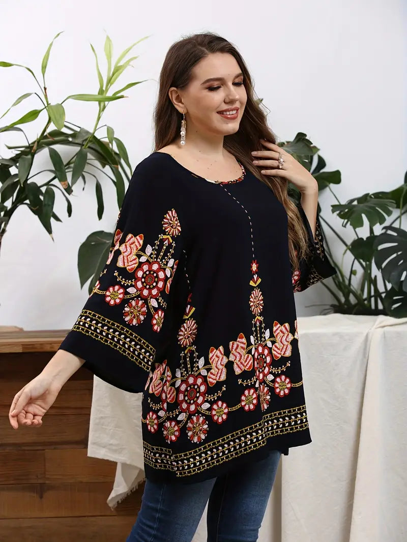 Bequemes Damen Tunika-Oberteil in Übergröße, Langarm, mit schönem Blumenmuster für Freizeit & Herbst.