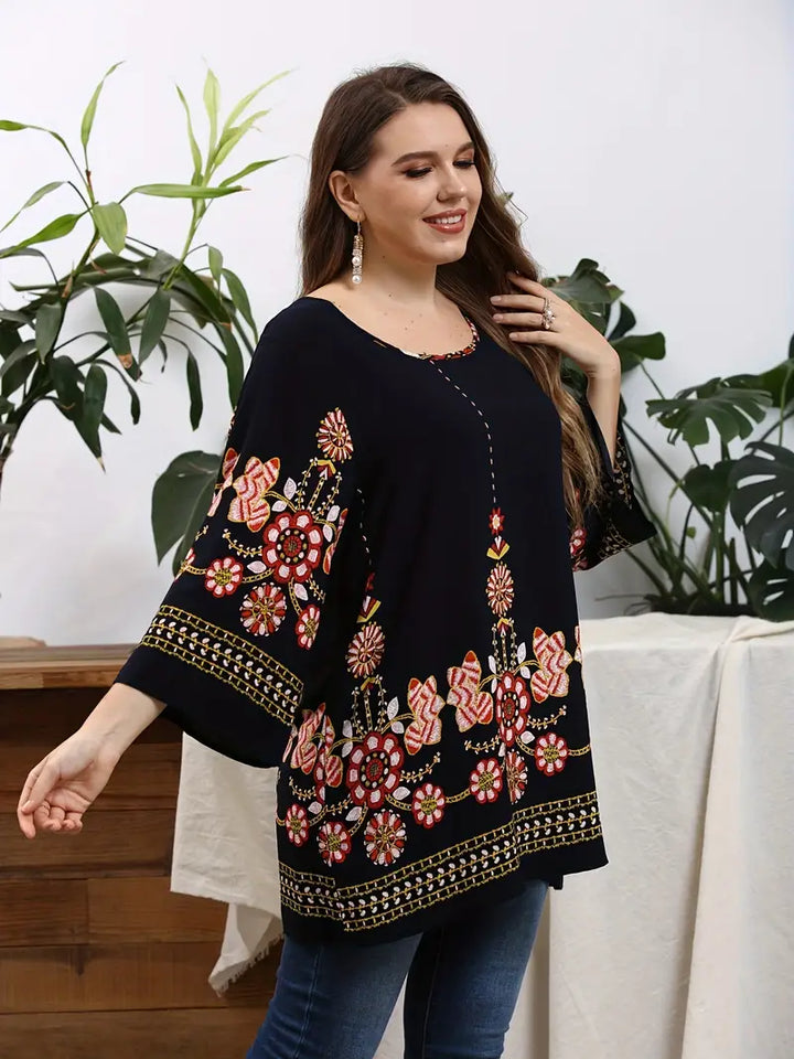 Bequemes Damen Tunika-Oberteil in Übergröße, Langarm, mit schönem Blumenmuster für Freizeit & Herbst.