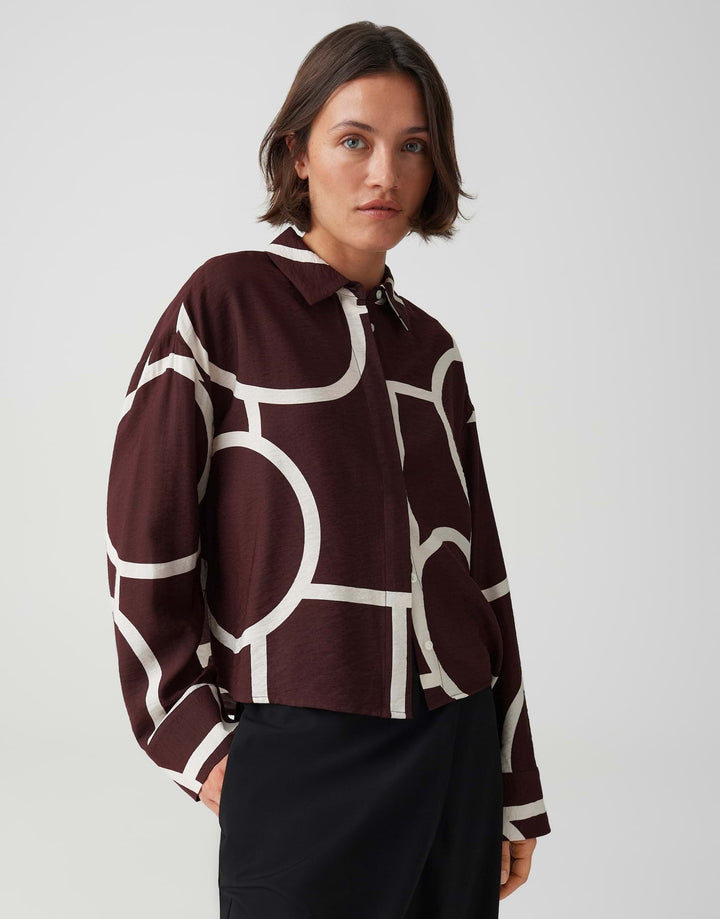 Elegante, weite Damen Langarm Bluse mit grafischem Muster und Hemdblusenkragen, perfekt für Business & Freizeit.