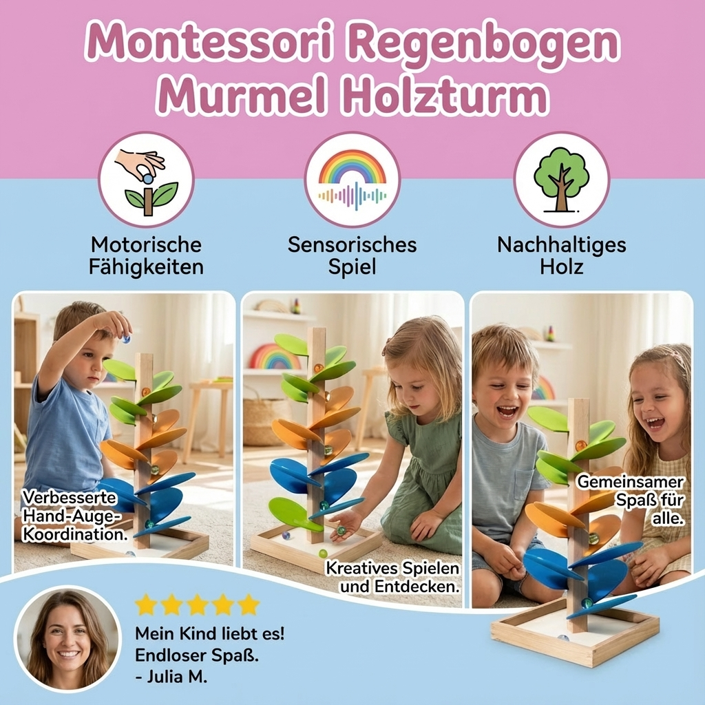Pädagogischer Montessori Murmel Turm: Holzspielzeug zur Förderung der Entwicklung und Feinmotorik bei Kindern.