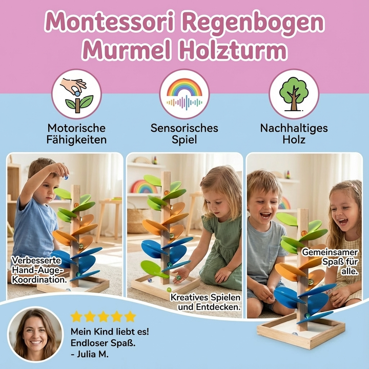 Pädagogischer Montessori Murmel Turm: Holzspielzeug zur Förderung der Entwicklung und Feinmotorik bei Kindern.